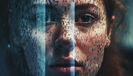 Young adult woman looking at camera, coding binary data abstractly generated by artificial intelligenceの素材