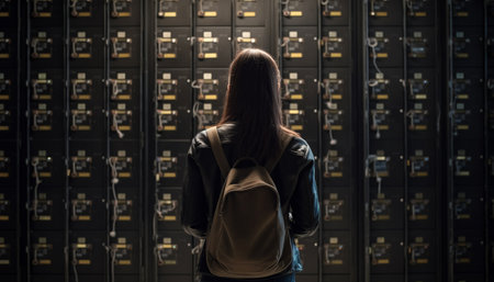 Young adult student standing indoors, looking at computer in library generated by artificial intelligenceの素材