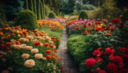 Vibrant tulip blossom in tranquil formal garden, surrounded by greenery generated by artificial intelligenceの素材