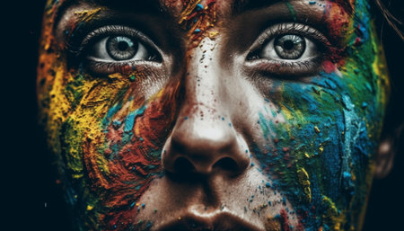 Vibrant young woman glows with ultraviolet beauty in fine art portrait generated by artificial intelligenceの素材