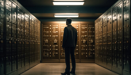 One young adult businessman standing inside modern library holding book generated by artificial intelligenceの素材