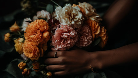 One woman holding a bouquet of yellow flowers indoors generated by artificial intelligenceの素材