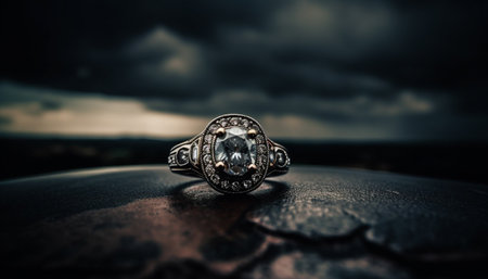 Shiny gold wedding ring with precious gem and reflection generated by artificial intelligenceの素材