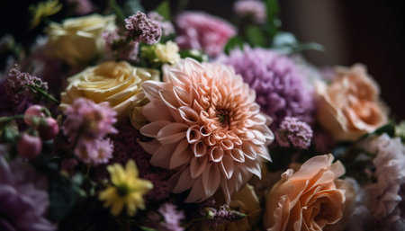 Ornate bouquet of multi colored flowers in a purple vase generated by artificial intelligenceの素材