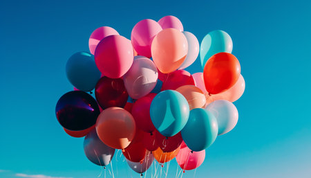 Colorful balloons flying high, bringing joy to celebration event generated by artificial intelligenceの素材
