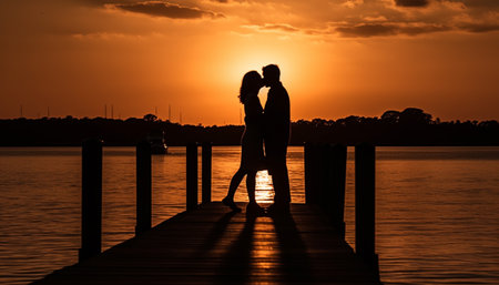 Romantic couple embraces in tranquil sunset silhouette on jetty wood generated by artificial intelligenceの素材
