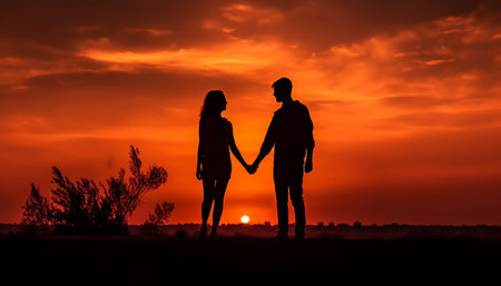 Romantic couple embraces in tranquil sunset, surrounded by nature beauty generated by artificial intelligenceの素材