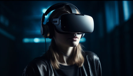 Young adult woman enjoying futuristic virtual reality simulator technology indoors generated by artificial intelligenceの素材