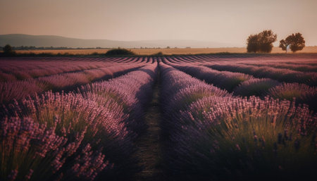Valensole rural beauty in a row, multi colored flower meadow generated by artificial intelligenceの素材