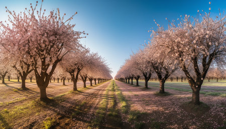 Tranquil meadow, blossoming orchard, beauty in nature vanishing point generated by artificial intelligenceの素材