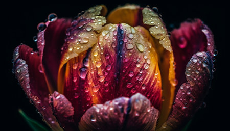 Vibrant tulip blossom, dew drop, wet with fresh springtime beauty generated by artificial intelligenceの素材
