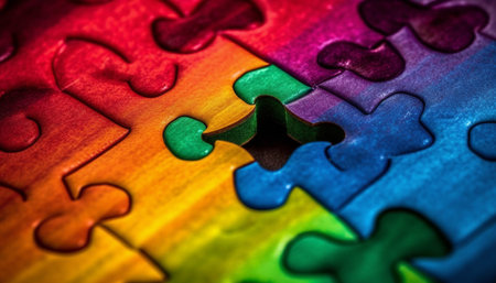 Vibrant colored jigsaw puzzle pieces connect in abstract pattern generated by artificial intelligenceの素材