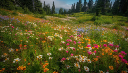 Vibrant wildflowers bloom in tranquil meadow, showcasing nature beauty generated by artificial intelligenceの素材