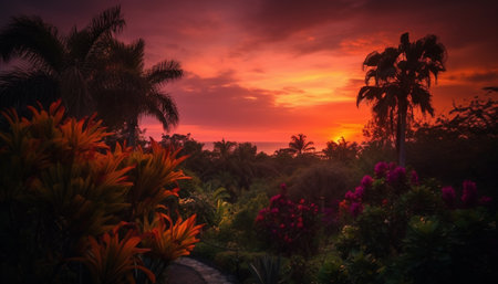 Tranquil sunset over tropical coastline, palm trees silhouette against multi colored sky generated by artificial intelligenceの素材