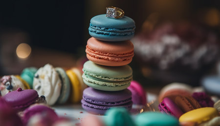 French macaroon stack, a gourmet indulgence of multi-colored sweetness generated by artificial intelligenceの素材