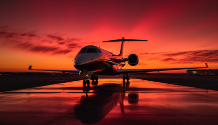 Silhouette of cargo airplane taking off at dusk, back lit by sunset generated by artificial intelligenceの素材