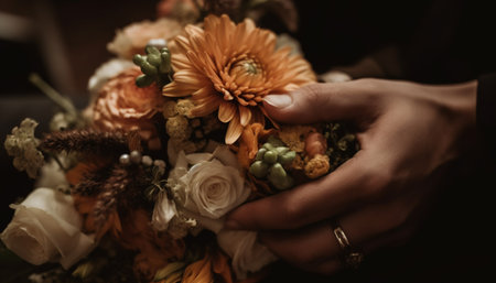 Caucasian bride holding bouquet of multi colored chrysanthemums for wedding celebration generated by artificial intelligenceの素材
