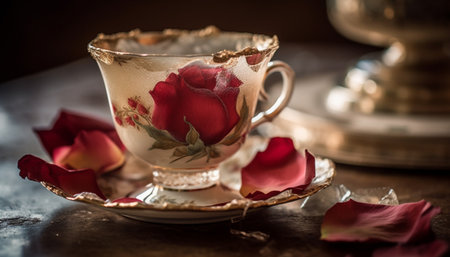 Rustic coffee table with vase of fresh flowers and chocolate generated by artificial intelligenceの素材