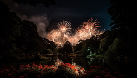 Vibrant firework display ignites celebration in nature multi colored landscape generated by artificial intelligenceの素材
