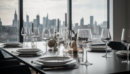 Luxury dining room with cityscape view, elegant wineglass and modern crockery generated by artificial intelligenceの素材