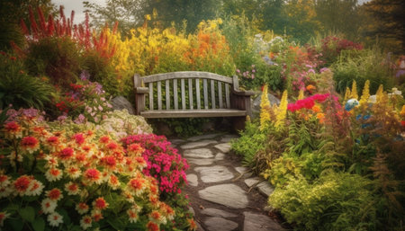 A tranquil scene of a formal garden with vibrant flowers generated by artificial intelligenceの素材