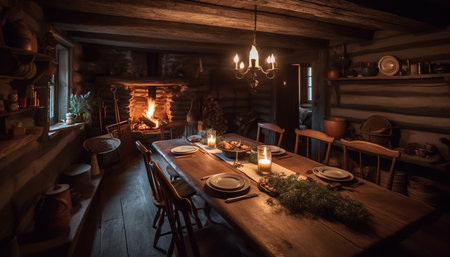 Rustic elegance: old fashioned comfort meets modern design in cozy cottage generated by artificial intelligenceの素材