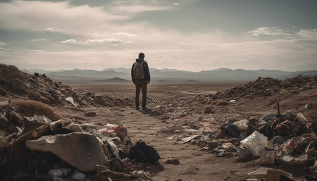 One person hiking mountain terrain with backpack, enjoying solitude generated by artificial intelligenceの素材