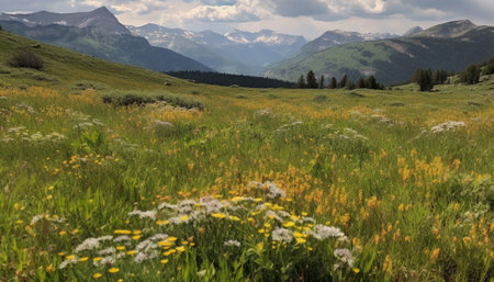 Tranquil meadow, wildflower blossom, majestic mountain peak, nature beauty generated by artificial intelligenceの素材