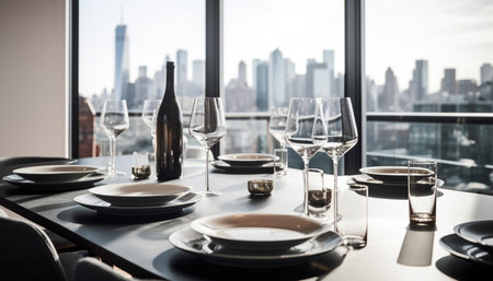 Luxury dining table with wine bottle, glass, and elegant decoration generated by artificial intelligenceの素材