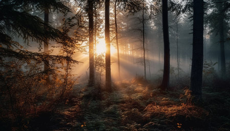 Mysterious autumn forest with fog, backlit by orange sunlight generated by artificial intelligenceの素材