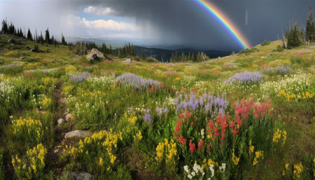 Vibrant autumn landscape Majestic mountain peak, colorful wildflowers, tranquil meadow generated by artificial intelligenceの素材