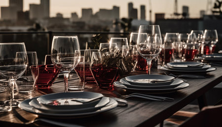 Luxury wine bar outdoors, cityscape dining with elegant crockery generated by artificial intelligenceの素材