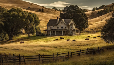 Rustic farmhouse in tranquil meadow, cows grazing under autumn sunset generated by artificial intelligenceの素材