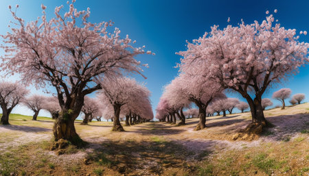 Tranquil meadow, cherry blossom, fresh springtime growth in rural landscape generated by artificial intelligenceの素材