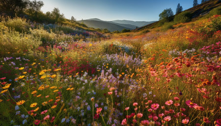 Vibrant colors of wildflowers in tranquil meadow at dusk generated by artificial intelligenceの素材
