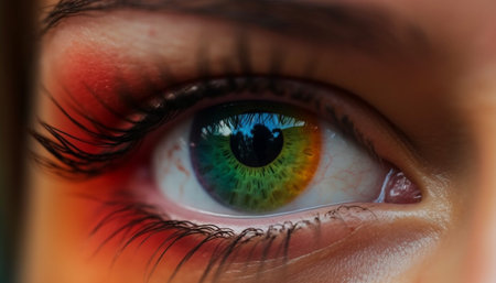 Vibrant green eyes staring, reflecting elegance and beauty in close up generated by artificial intelligenceの素材