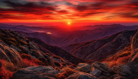 Majestic mountain range, tranquil sunset, panoramic view, nature beauty generated by artificial intelligenceの素材