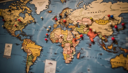 Antique world map outlines global travel destinations on old paper generated by artificial intelligenceの素材