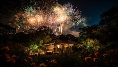 Vibrant celebration ignites the night with multi colored fireworks exploding generated by artificial intelligenceの素材