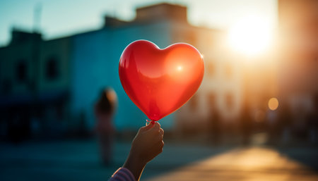 Heterosexual couple holding heart shaped balloon celebrates love outdoors at sunset generated by artificial intelligenceの素材