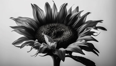 Yellow sunflower, single flower head, close up, black and white beauty generated by artificial intelligenceの素材