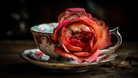 Romantic bouquet of fresh pink blossoms in rustic flower pot generated by artificial intelligenceの素材