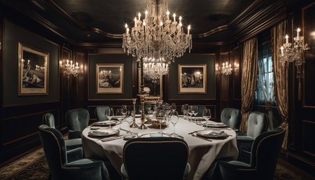 Luxury dining room with elegant decor, modern chandelier, and ornate chair generated by artificial intelligenceの素材