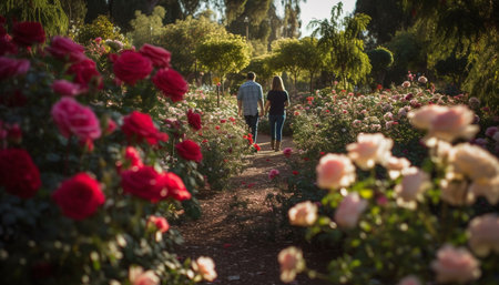 Two smiling adults walking in a green garden of love generated by artificial intelligenceの素材