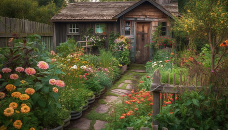 Fresh green foliage adorns the rural cottage formal garden landscape generated by artificial intelligenceの素材