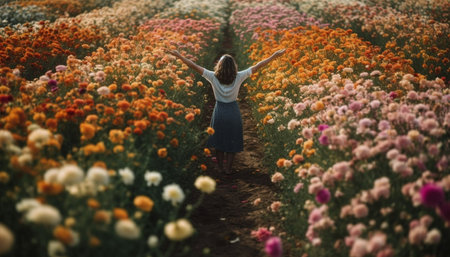 One woman enjoys the beauty of nature, arms outstretched, carefree generated by artificial intelligenceの素材
