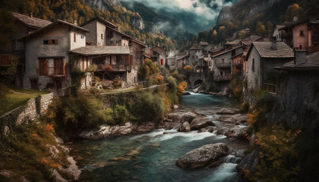Tranquil asturian hut nestled in ancient mountain range idyllic landscape generated by artificial intelligenceの素材