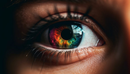Close up of a young woman beautiful blue iris staring back generated by artificial intelligenceの素材