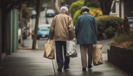 Two males and a woman carrying retail bags walking outdoors generated by artificial intelligenceの素材