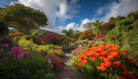 Tranquil meadow, multi colored tulip blossom, idyllic rural scene generated by artificial intelligenceの素材